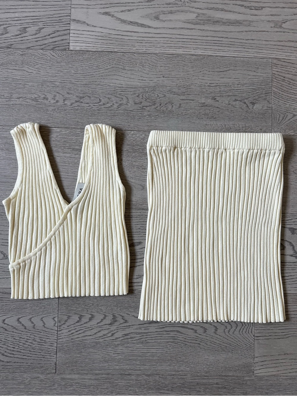 RENOA- Ribbed Knit Two-Piece Set in Cream - Crop Top & Skirt